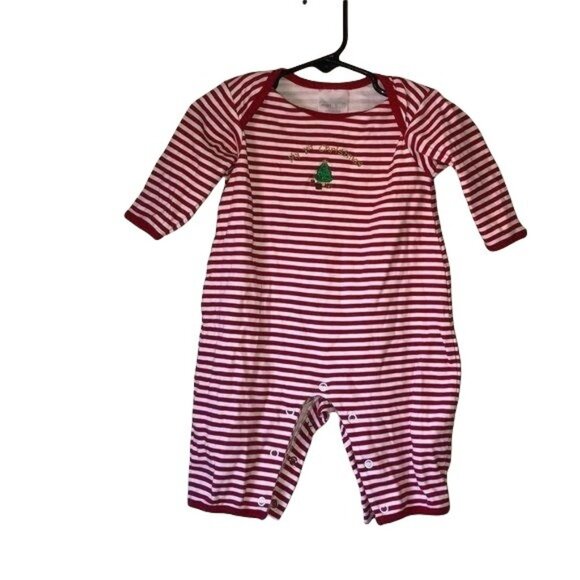 Babys First Christmas Red & White Striped Romper 0-6 Mos Miniclasix 100% Cotton - Picture 1 of 5